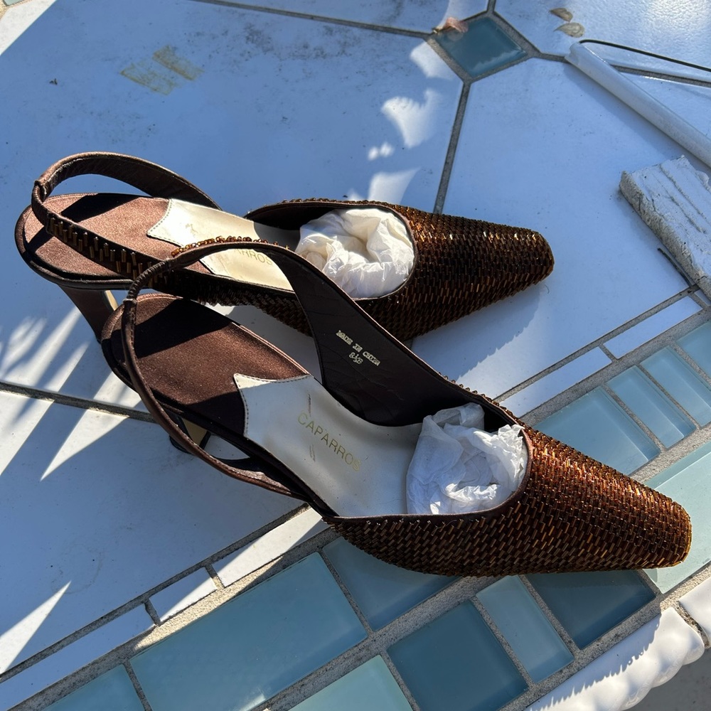 Brown silk beaded heels. Sz 8.5